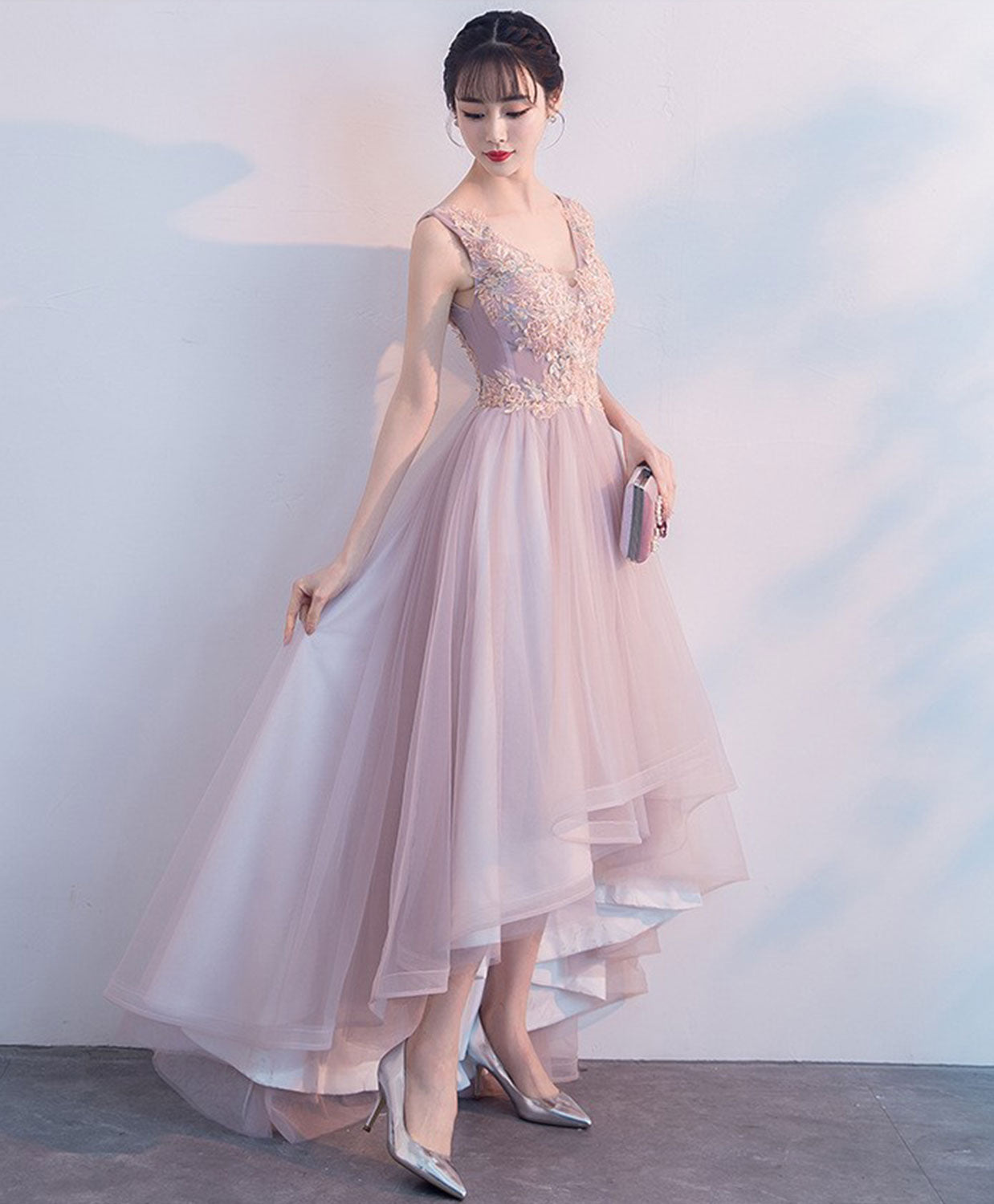 Pink tulle lace long prom dress pink evening dress · Little Cute