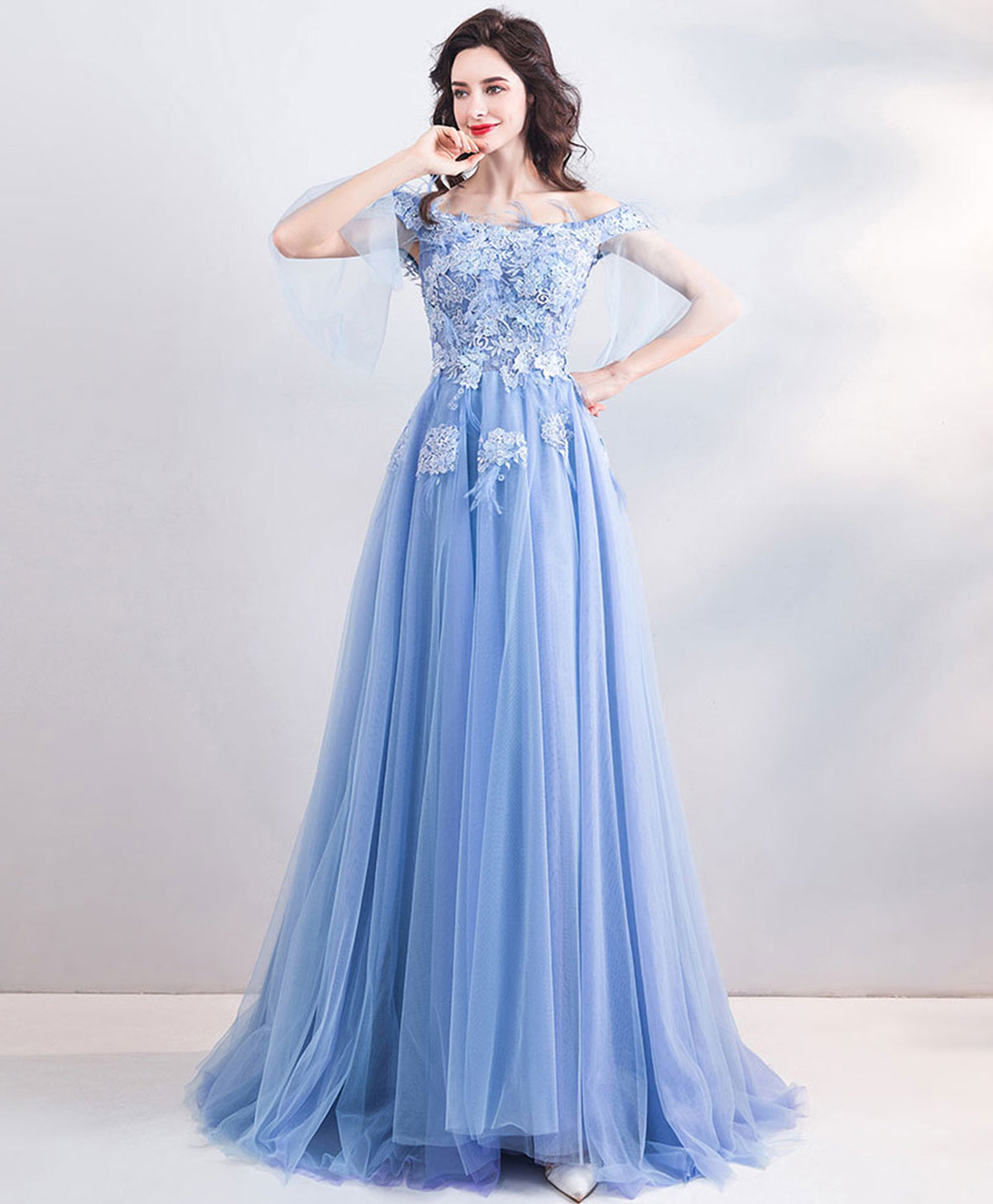 A-Line Blue Tulle Off Shoulder Long Prom Dress, Blue Evening Dress