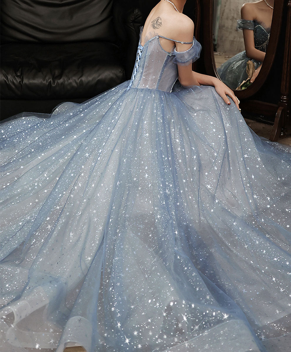 Blue Tulle Beads Long Prom Dress, Blue Sweet 16 Dress with Beading Sequin