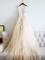 Champagne V Neck Tulle Lace Applique Long Prom Dress, Evening Dress