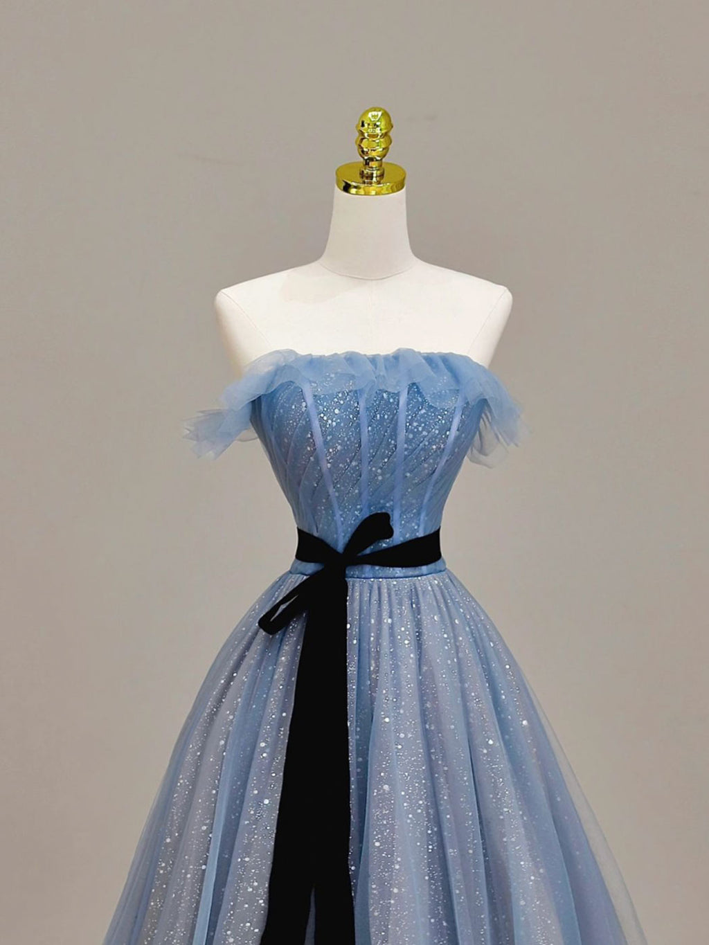 A-Line Blue Long Prom Dress, Tulle Sequin Long Blue Formal Evening Dress