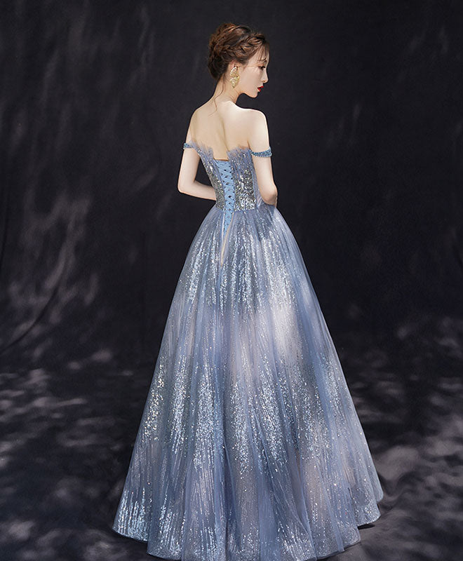 Blue Tulle Sequin Off Shoulder Long Prom Dress Tulle Evening Dress