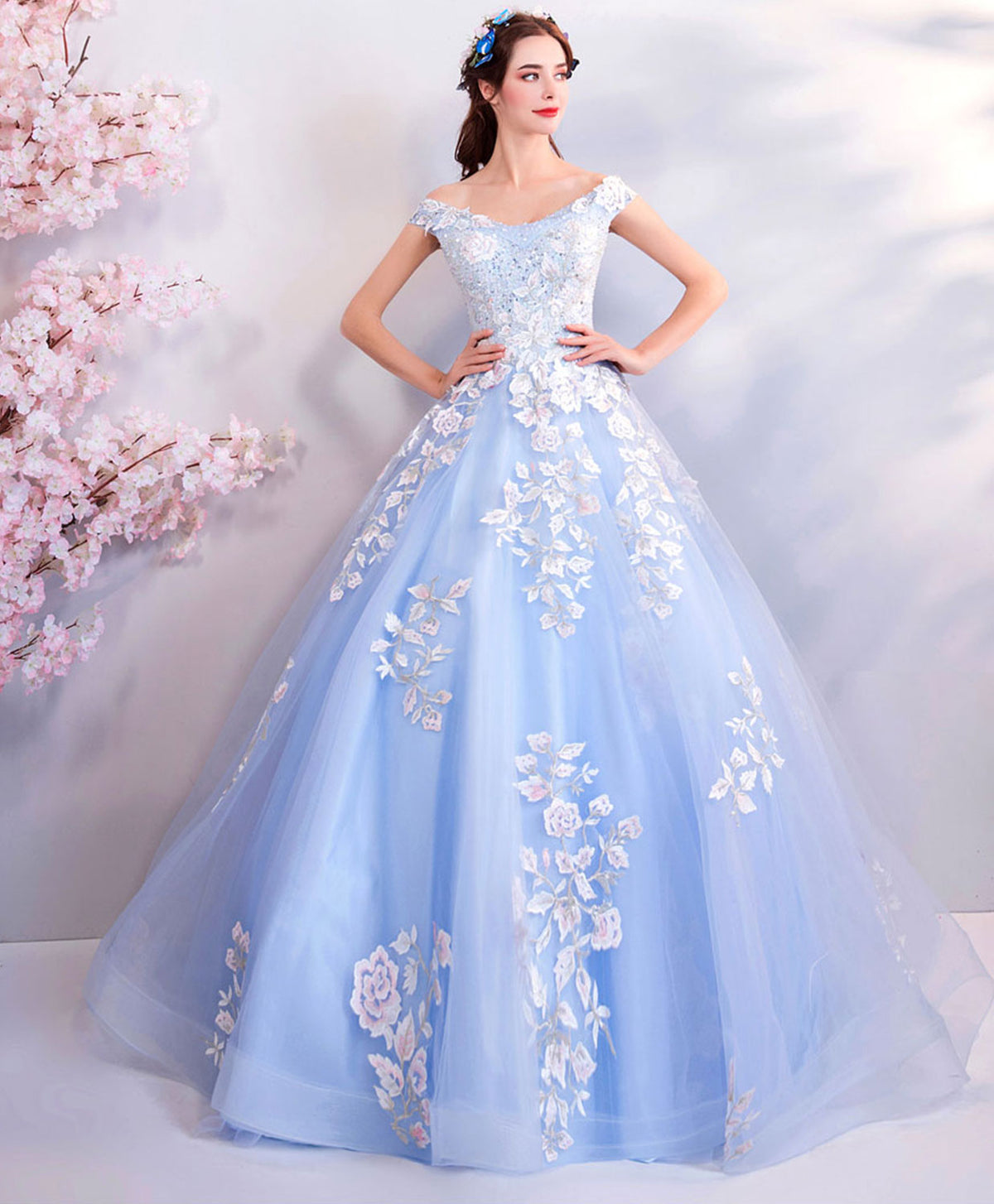 Blue Off Shoulder Tulle Lace Applique Long Prom Dress, Blue Evening Dress
