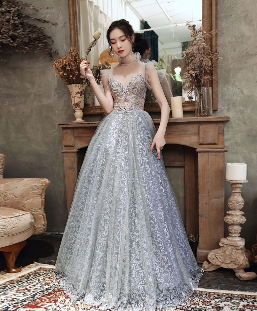 High Neck Tulle Gray Long Prom Dress, Gray Formal Evening Dress with B ...