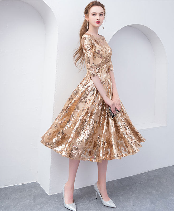 Gold Round Neck Sequin Short Prom Dress, Gold Homecoming Dress – shopluu