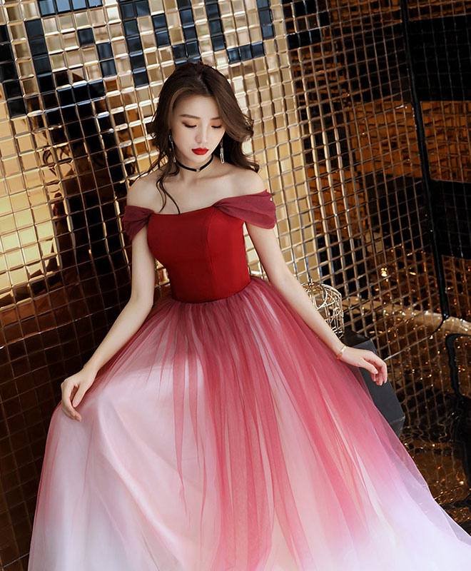 A-Line Burgundy Off Shoulder Tulle Long Prom Dress, Burgundy Evening Dress
