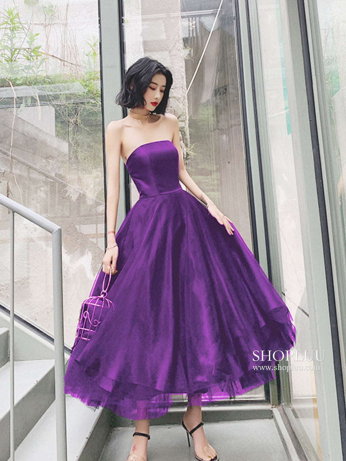 Simple Blue Tulle Tea Length Prom Dress, Tulle Homecoming Dresses