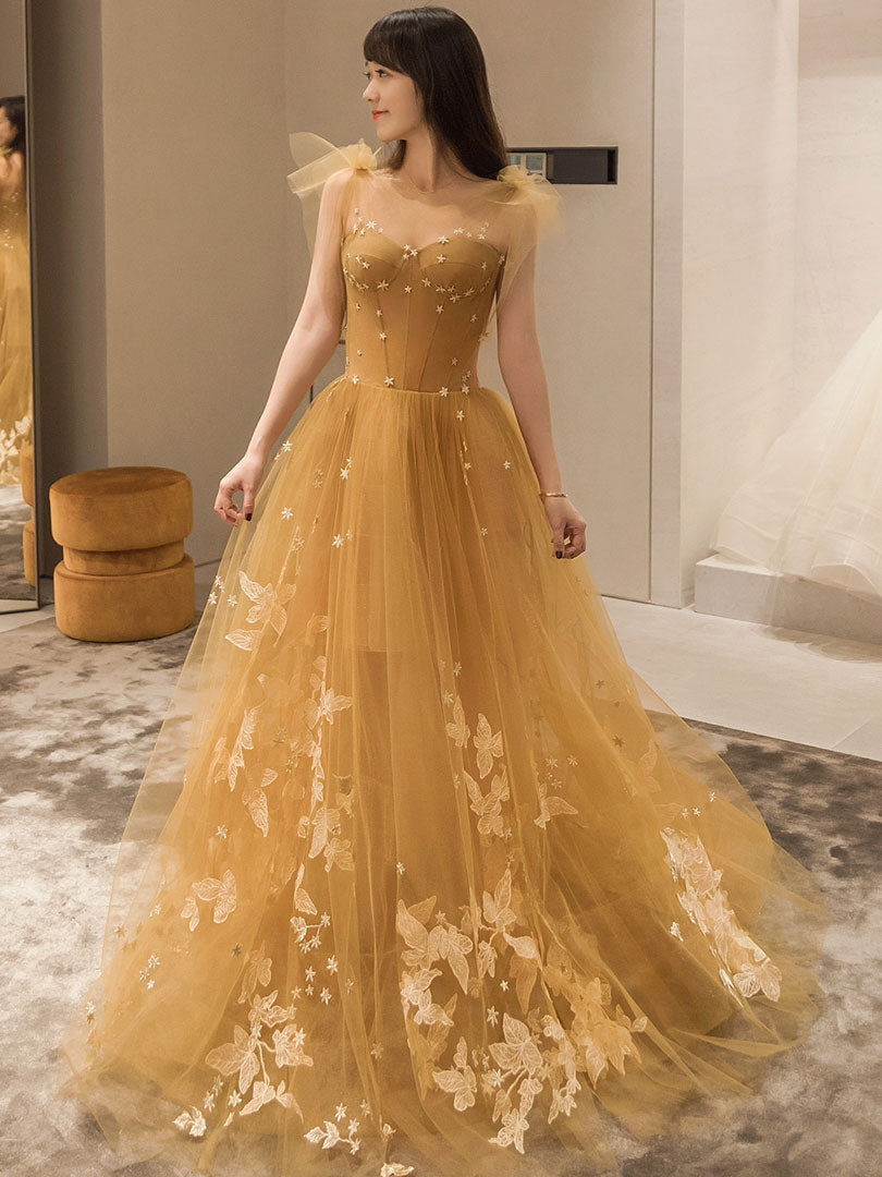 Elegant Tulle Lace A Line Long Prom Dress, Tulle Lace Graduation Dresses