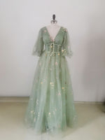 Green V Neck Tulle Lace Long Prom Dress, A Line Tulle Long Bridesmaid Dress