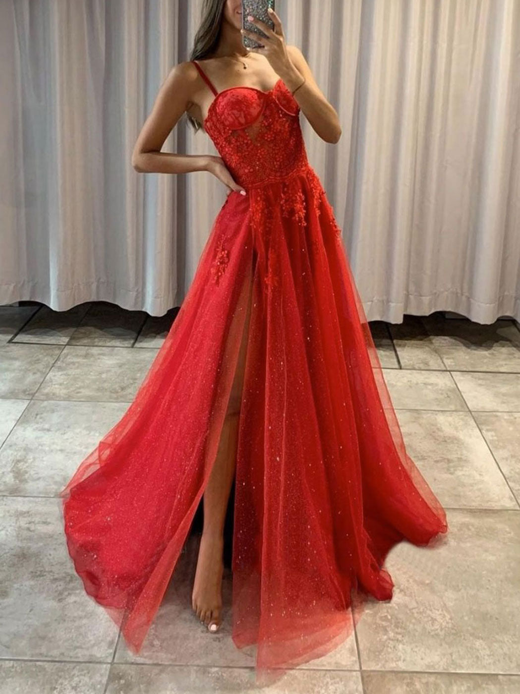 A-line Spaghetti Straps Side Slit Red Lace Formal Evening Dress QP2611 –  SQOSA