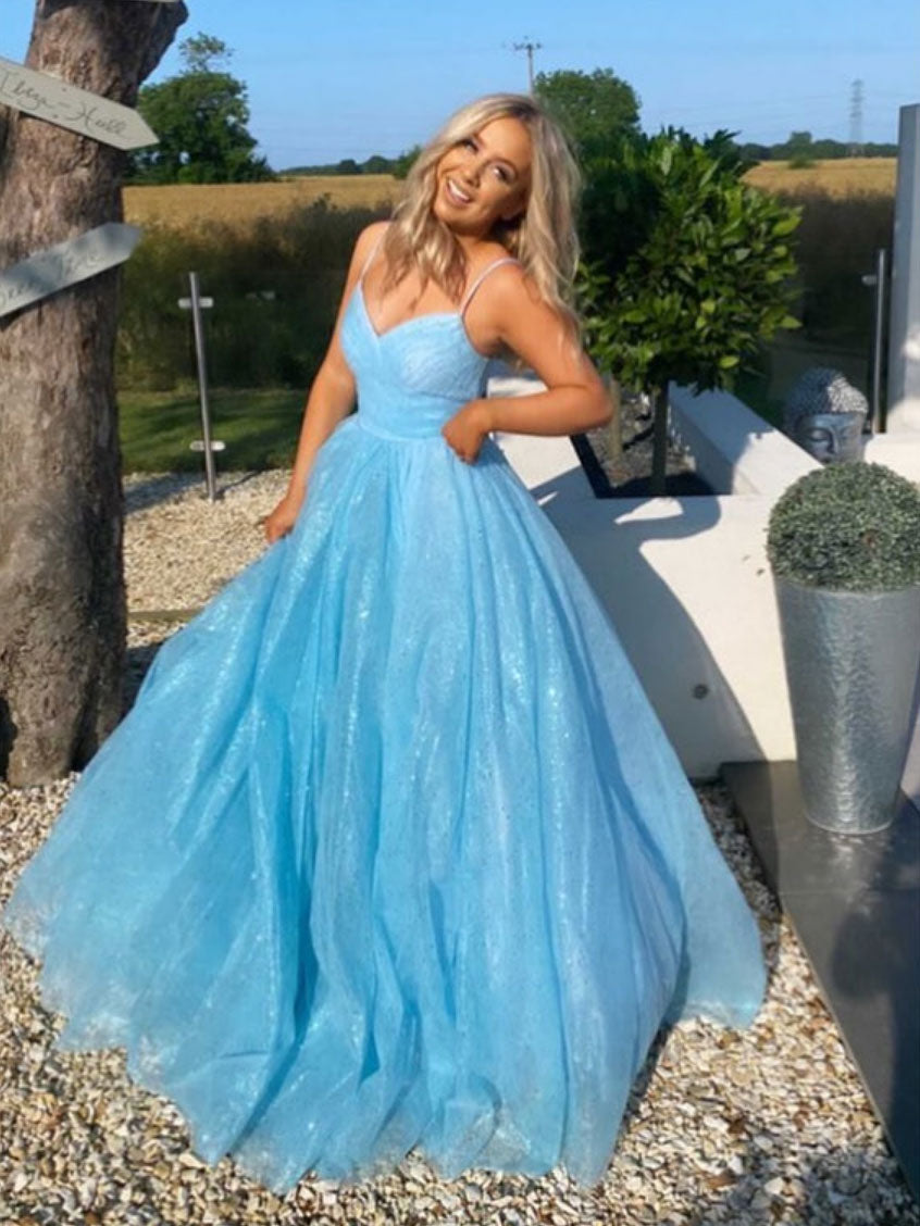 Blue V Neck Tulle Long Prom Dress, Blue Tulle Evening Dress