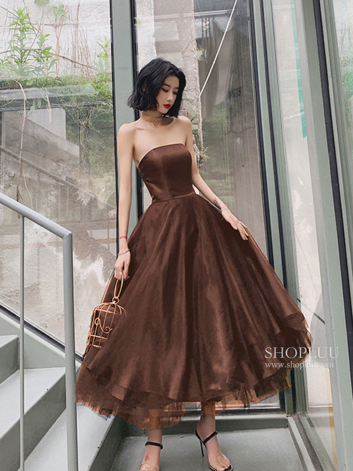 Simple Blue Tulle Tea Length Prom Dress, Tulle Homecoming Dresses