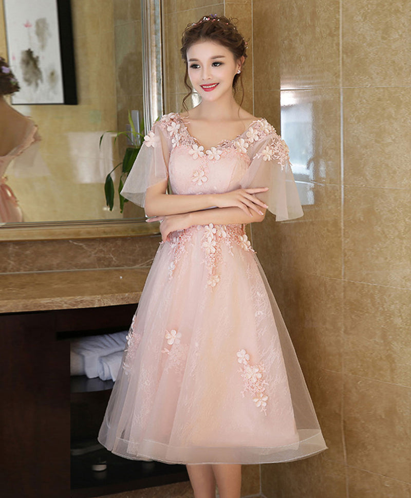 shopluu Cute V Neck Lace Short Prom Dress, Evening Dress US 8 / Pink