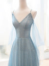 Gray Blue V Neck Tulle Sequin Long Prom Dress, Blue Evening Dress