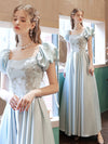 Light Blue Satin Lace Long Prom Dress Blue Lace Formal Dress