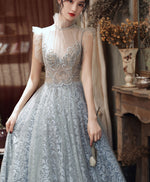 High Neck Tulle Gray Long Prom Dress, Gray Formal Evening Dress with Beading