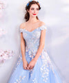 Blue Off Shoulder Tulle Lace Applique Long Prom Dress, Blue Evening Dress