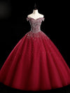 Burgundy Off Shoulder Tulle Sequin Long Prom Dress, Burgundy Sweet 16 Dress
