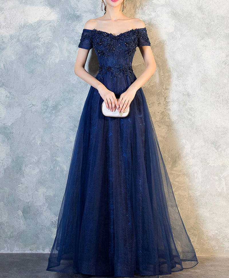Blue Lace Off Shoulder Long Prom Dress, Blue Evening Dress