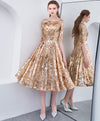 Gold Round Neck Sequin Short Prom Dress, Gold Homecoming Dress