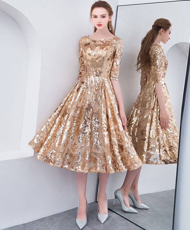 Gold Round Neck Sequin Short Prom Dress, Gold Homecoming Dress US 12 / Gold