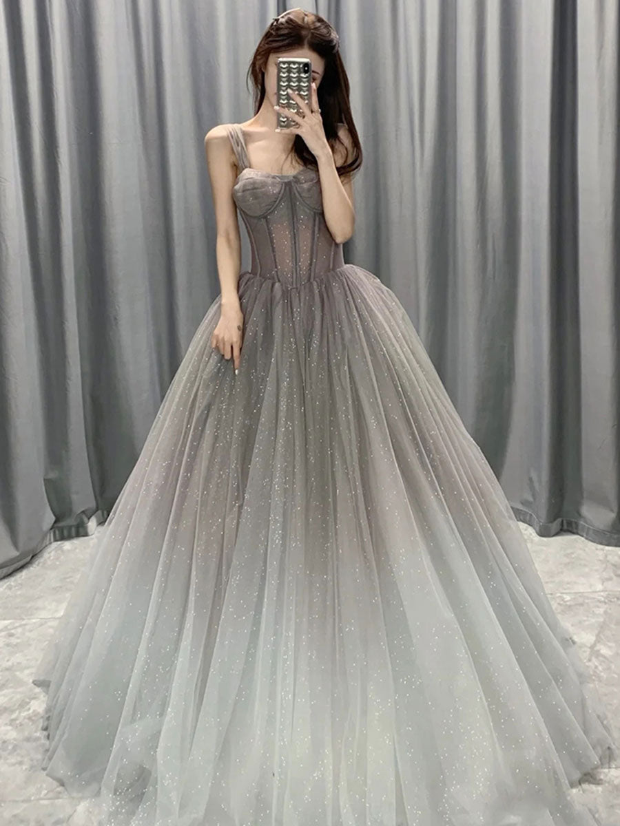 Gray Gradient Tulle A-Line Long Formal Dress, Gray Junior Prom Dress US 14 / Gray Gray Gradient Tulle A-Line Long Formal Dress, Gray Junior Prom Dress US 14 / Gray