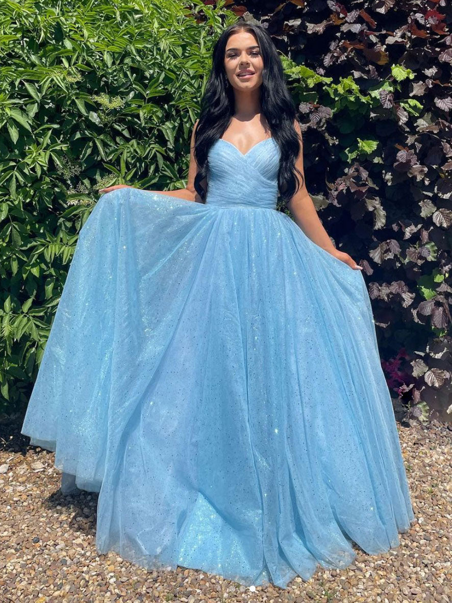 Blue V Neck Tulle Long Prom Dress, Blue Tulle Evening Dress