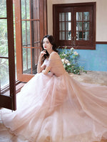 Pink Tulle Off Shoulder Lace Long Prom Dress, Pink Tulle Evening Dress