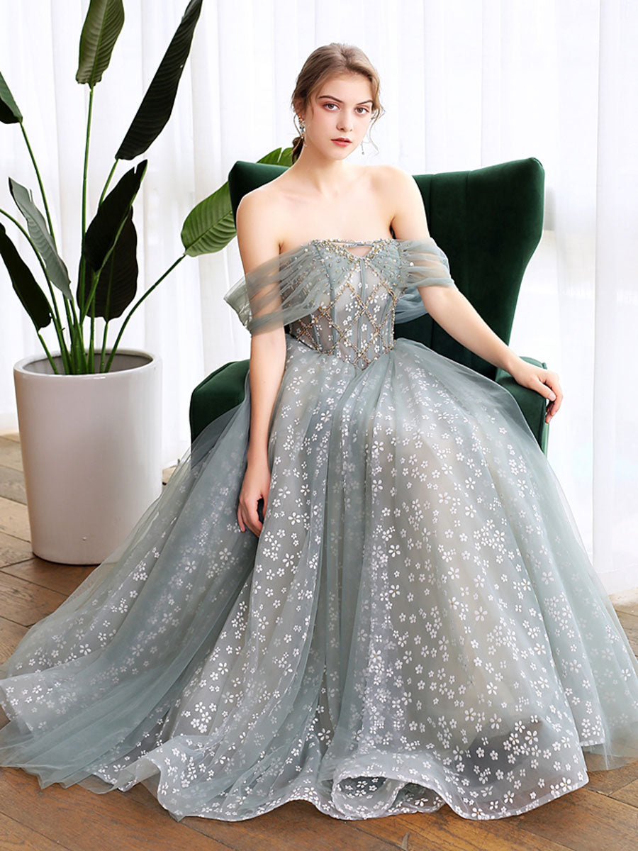Gray Blue Tulle Lace Long Prom Dress, Gray Blue Evening Dress