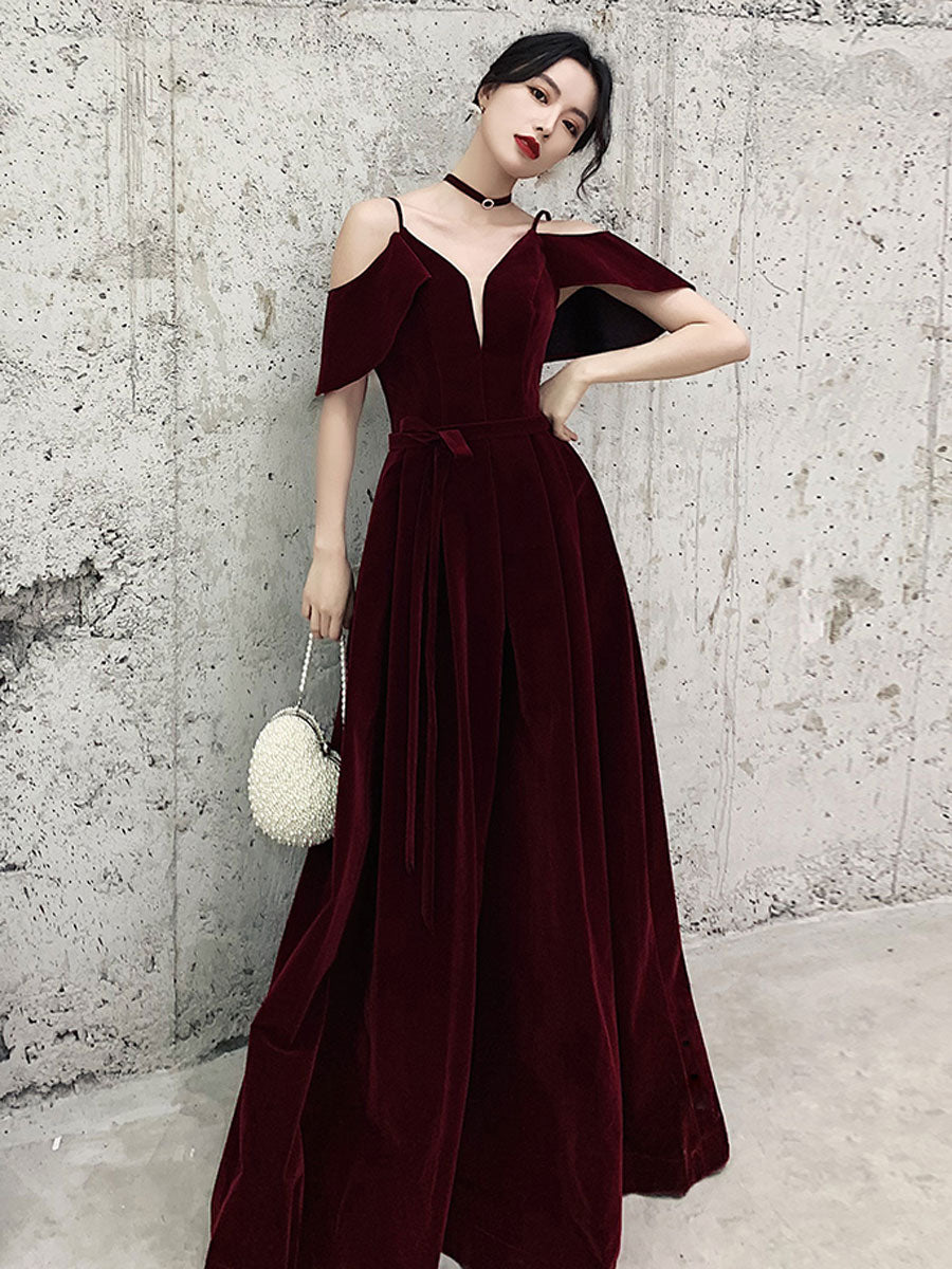 Burgundy Off Shoulder Velvet Long Prom Dress, Burgundy Formal