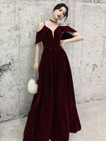 Burgundy Off Shoulder Velvet Long Prom Dress, Burgundy Formal Evening Dresses