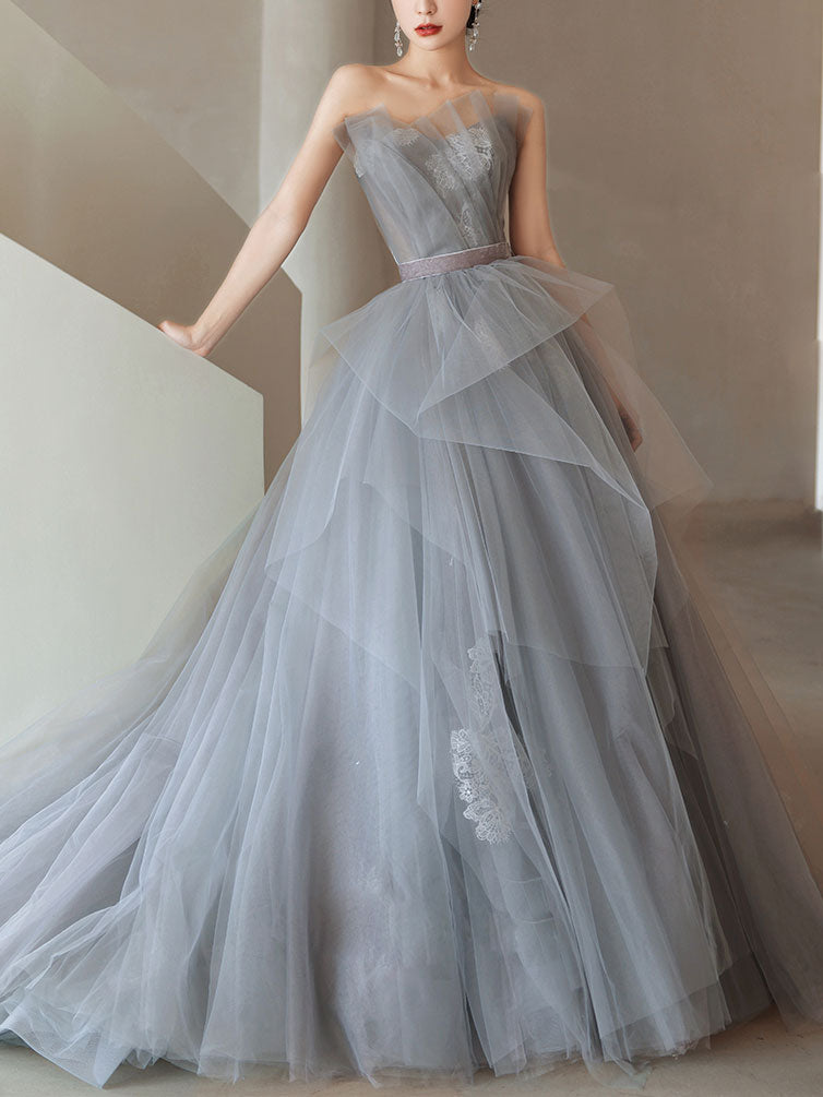 Gray Tulle Lace Long Prom Dress, Tulle Lace Evening Dress