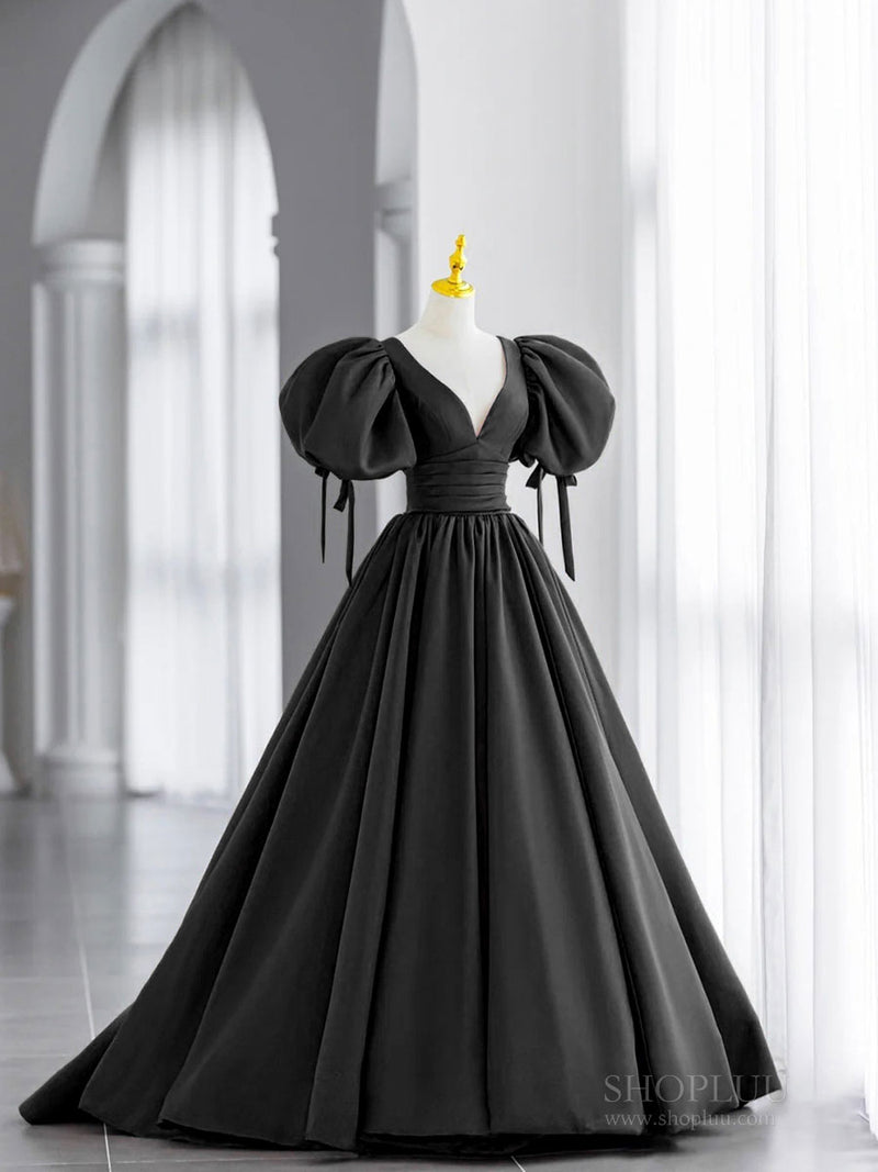 V Neck Black Poofy Prom Dresses Black Prom Dresses V-Neck Puffy Sleeves A-Line Evening V Neck Black Poofy Prom Dresses Black Prom Dresses V-Neck Puffy Sleeves A-Line Evening