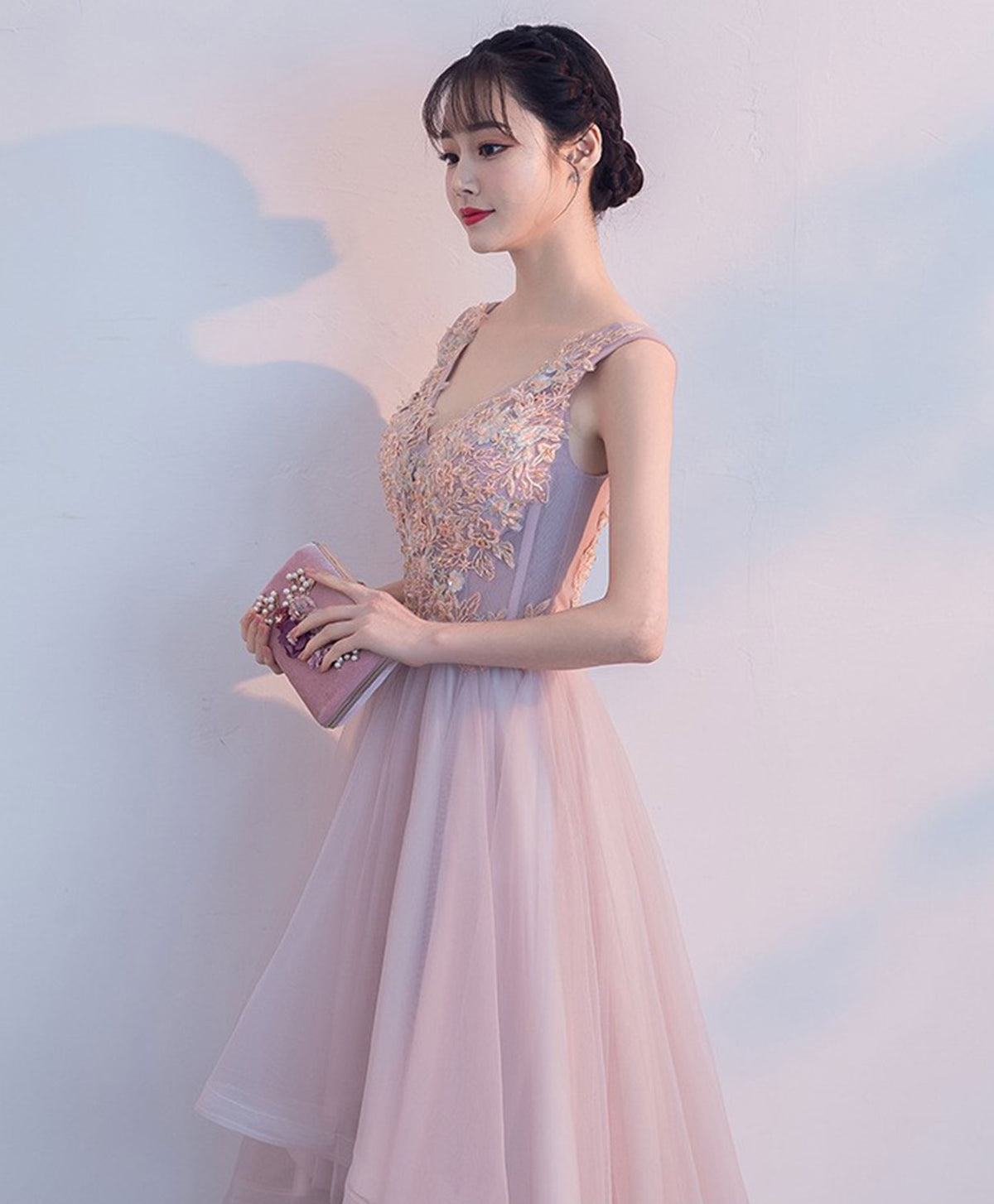 Cute V Neck Light Pink Tulle Lace Prom Dress, Tulle Evening Dress
