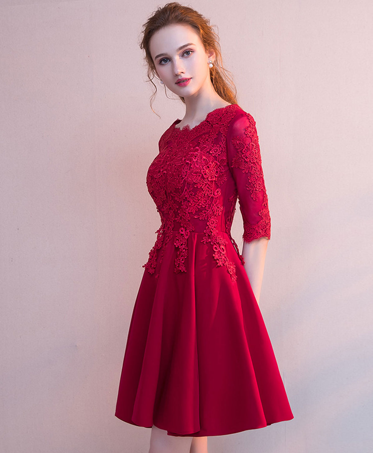 Burgundy Tulle Lace Short Prom Dress, Burgundy Homecoming Dress