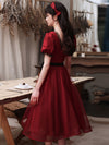 Burgundy Tulle Lace Short Prom Dress, Burgundy Bridesmaid Dress