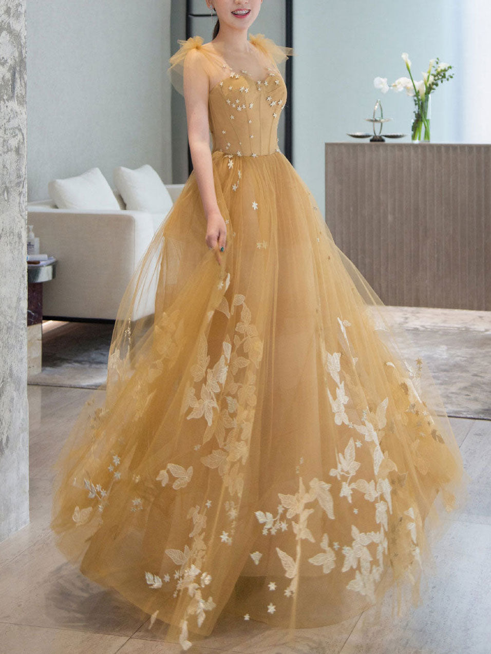 Elegant Tulle Lace A Line Long Prom Dress, Tulle Lace Graduation Dresses