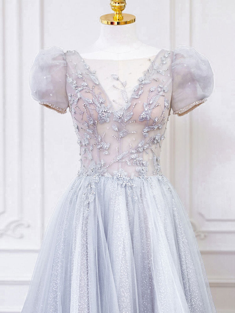 Gray Round Neck Tulle Lace Long Prom Dress, Gray Tulle Evening Dress