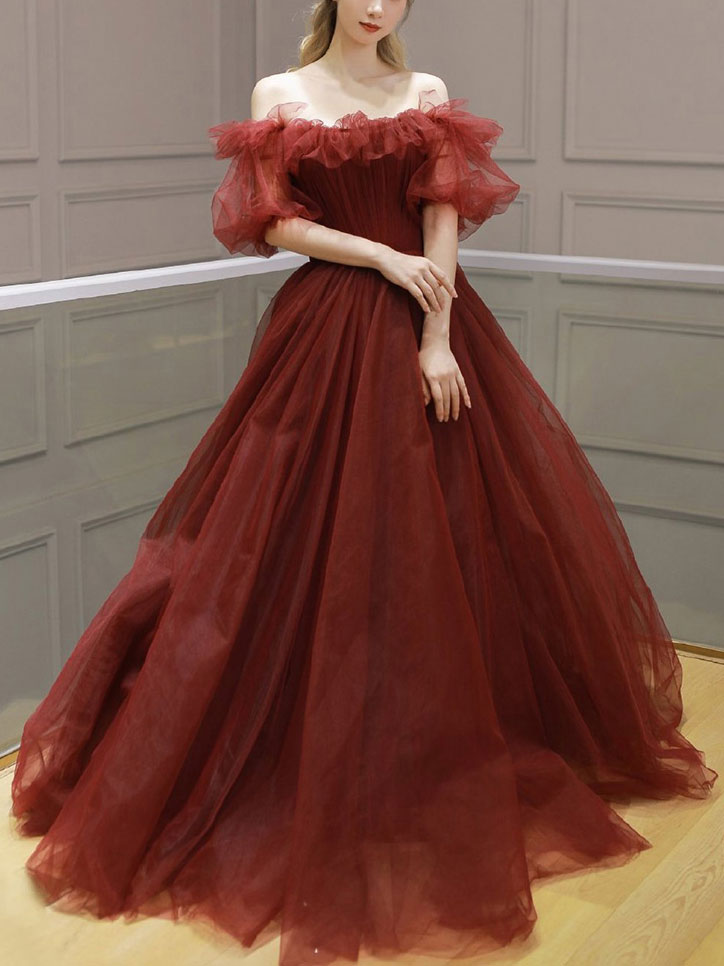 Burgundy Off Shoulder Tulle Long Prom Dress, Burgundy Evening Dress