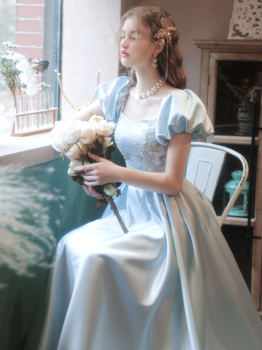 Light Blue Satin Lace Long Prom Dress Blue Lace Formal Dress