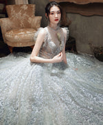 High Neck Tulle Gray Long Prom Dress, Gray Formal Evening Dress with Beading