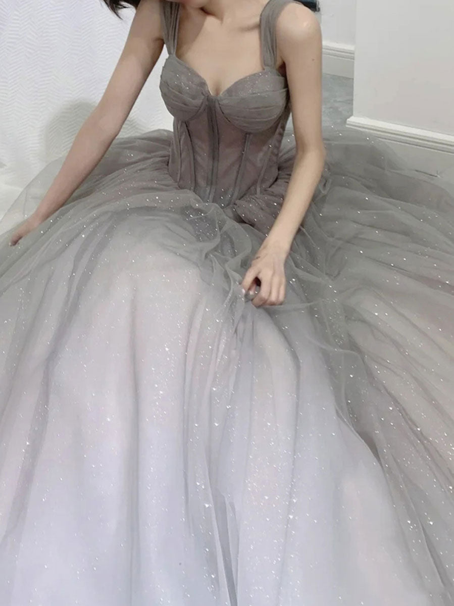 Gray Sweetheart Neck  Tulle Long Prom Dress, Gray Formal Graduation Dresses