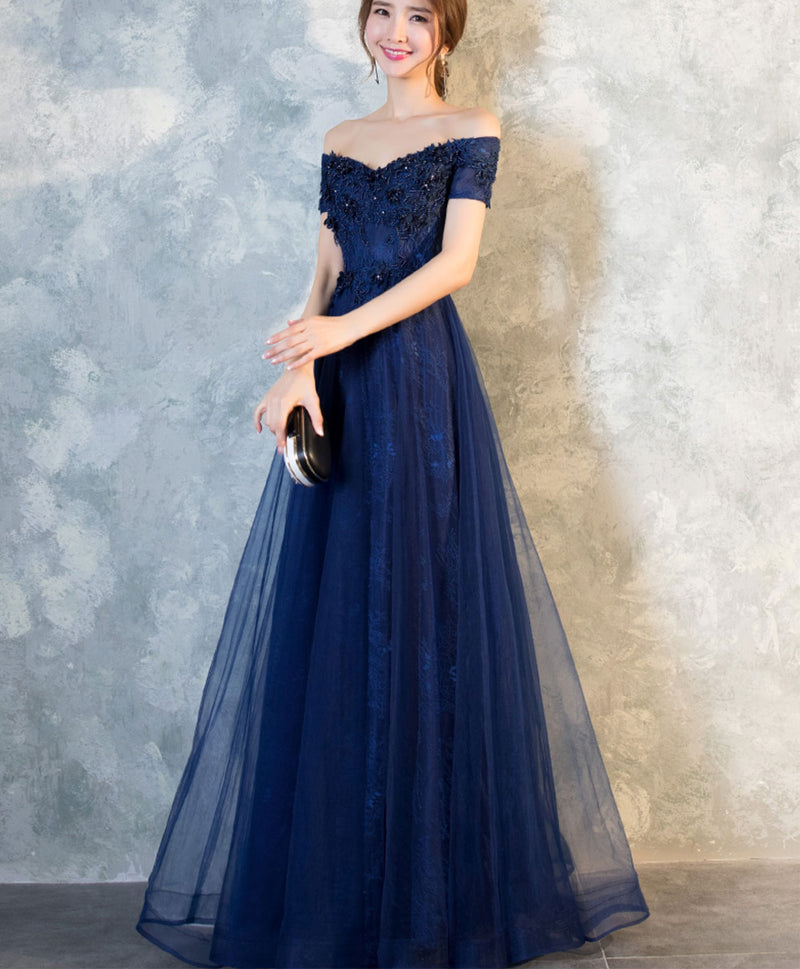 Blue Lace Off Shoulder Long Prom Dress, Blue Evening Dress