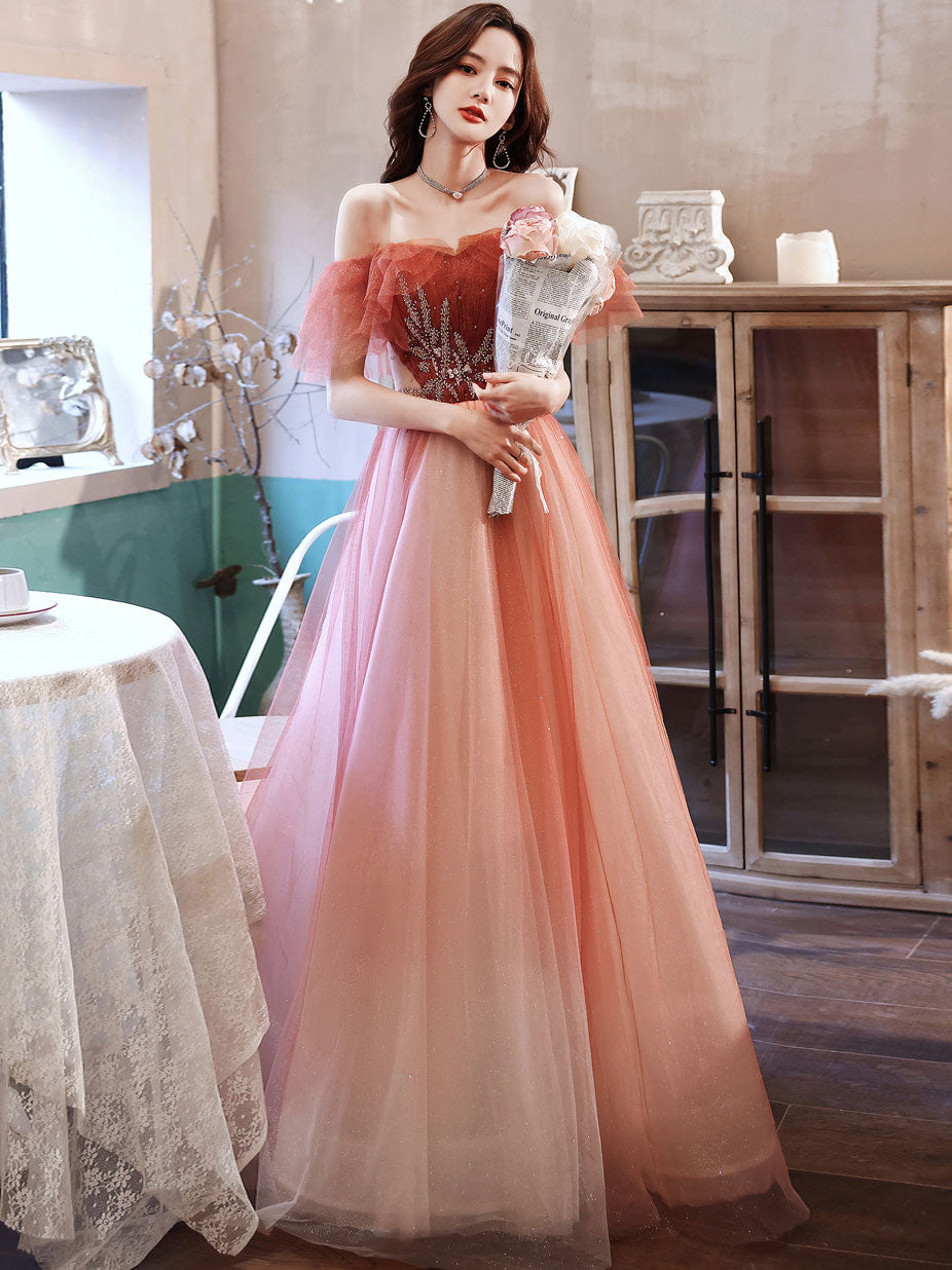 Burgundy A line Tulle Beads Long Prom Dress, Burgundy Formal Evening Dresses