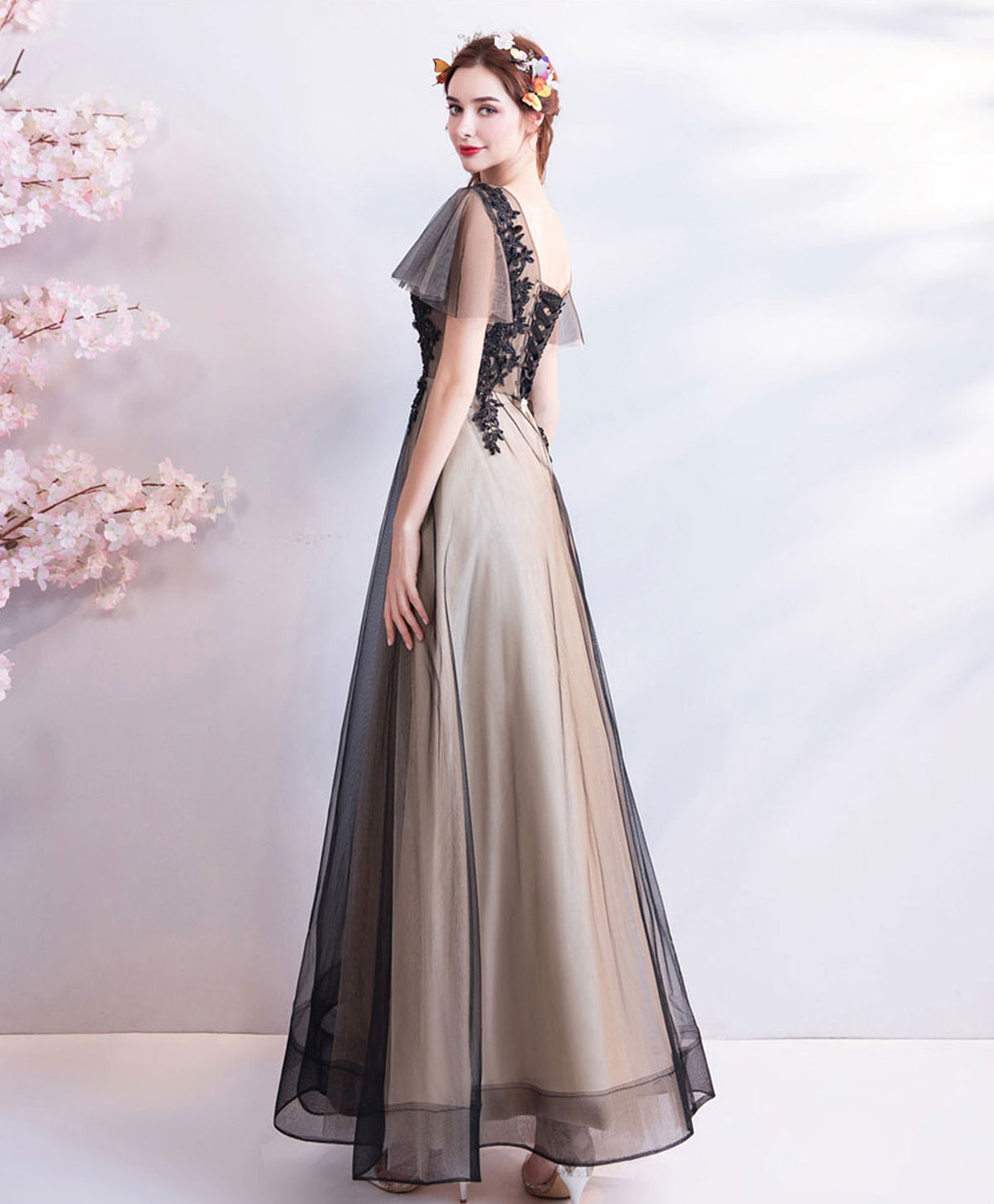 Black V Neck Lace Tulle Long Prom Dress, Black Evening Dress