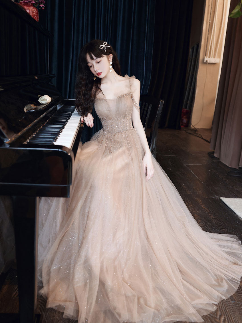 Champagne A line Tulle Beads Long Prom Dress, Champagne Evening Dresses