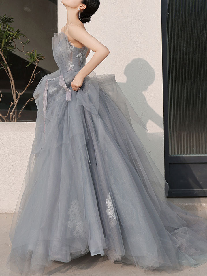 Gray Tulle Lace Long Prom Dress, Tulle Lace Evening Dress