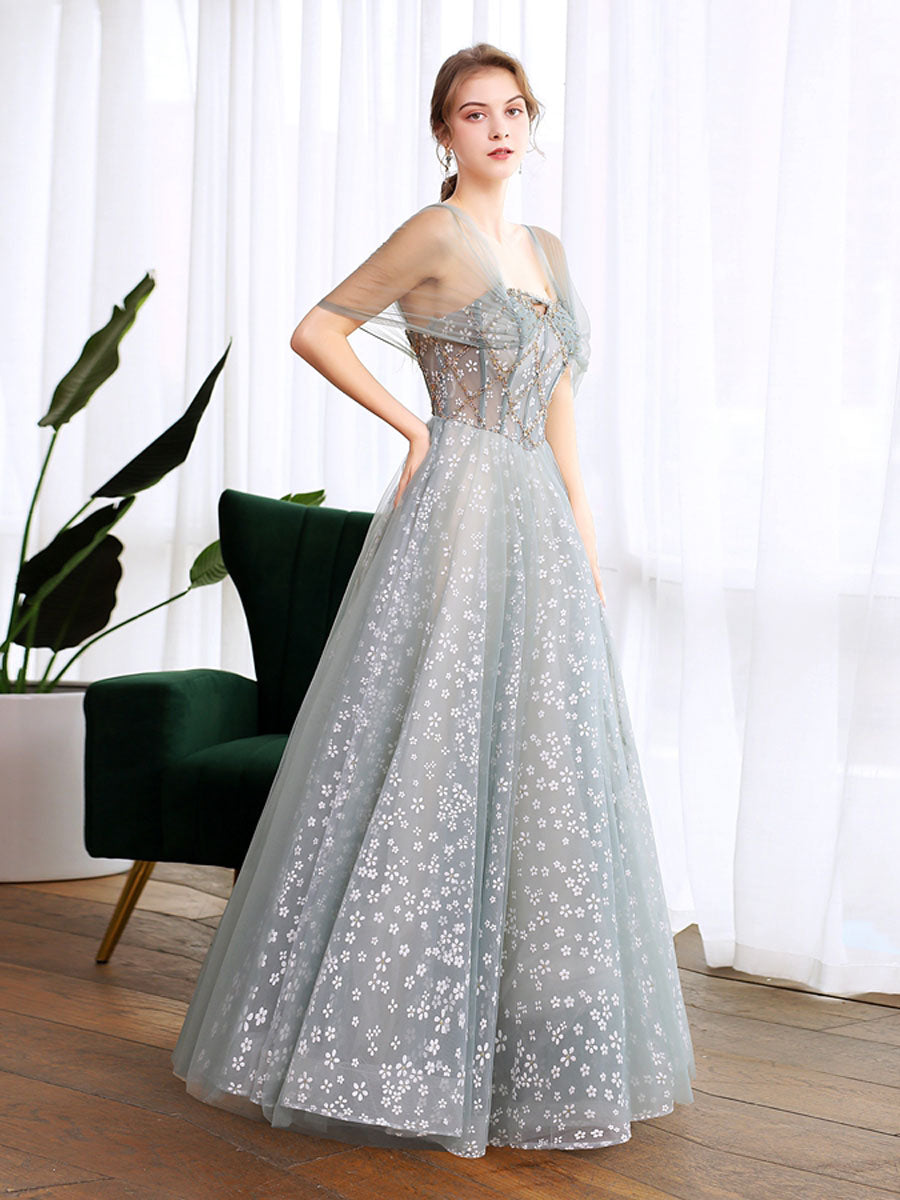 Gray Blue Tulle Lace Long Prom Dress, Gray Blue Evening Dress