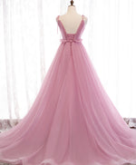 Pink V Neck Long Prom Dress, Aline Pink Formal Evening Dresses