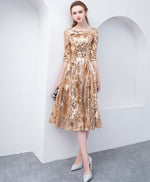 Gold Round Neck Sequin Short Prom Dress, Gold Homecoming Dress